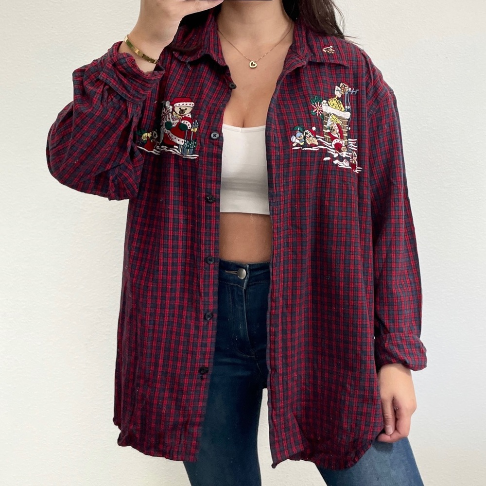 Vintage Christmas embroidered red and blue flannel